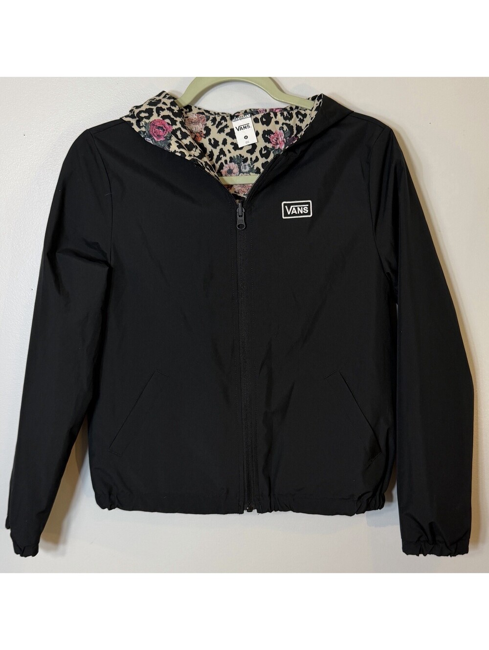 Vans Girls Jacket Leopard Floral Windbreaker Full Zip Hooded Reversible 10/12 M